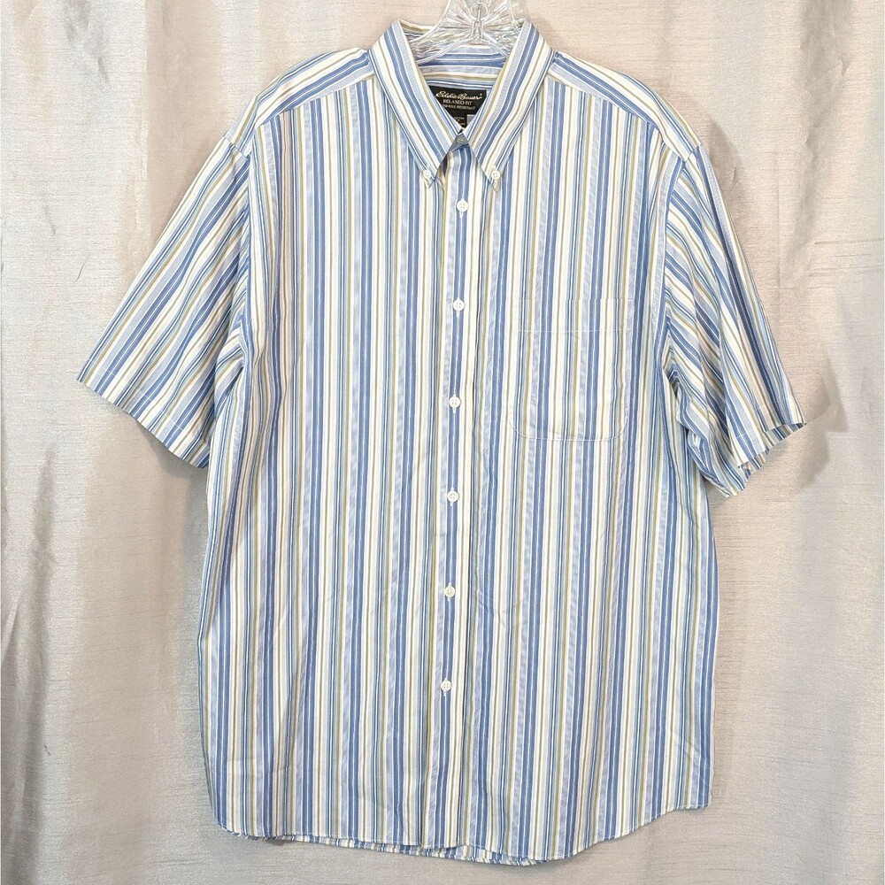 Eddie Bauer Relaxed Fit Wrinkle Resistant Mens Large SS Shirt Blue Stripe Cotton